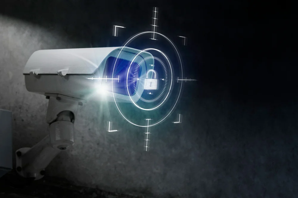 Kamera monitoringu z ikoną kłódki symbolizującą bezpieczeństwo i ochronę danych