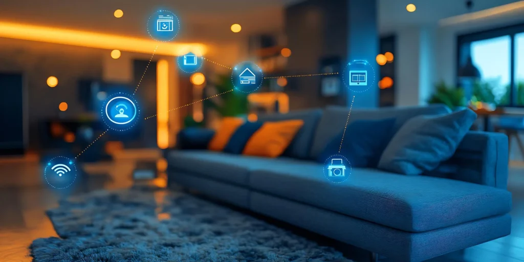 Wnętrze domu z ikonami inteligentnego systemu smart home