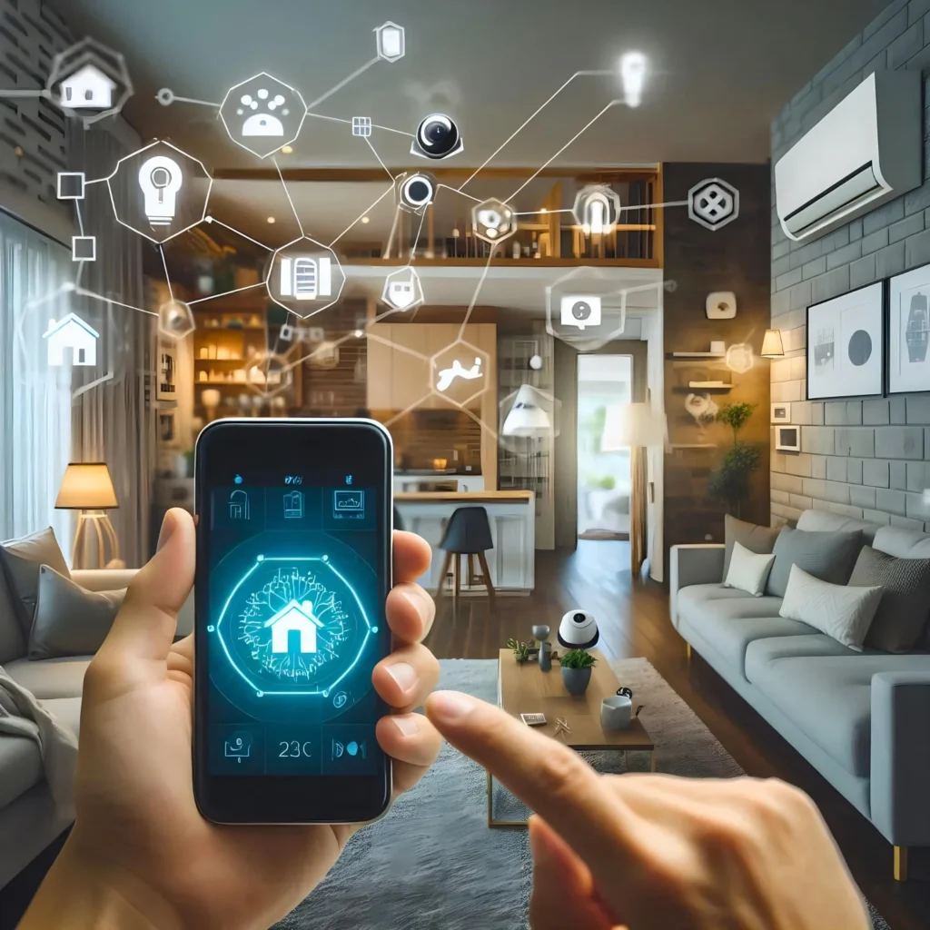 Obsługa smart home z ikonami inteligentnych urządzeń i automatyki