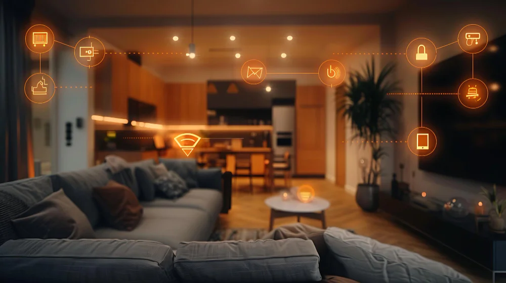 Nowoczesny salon z pomarańczowymi ikonami systemu smart home