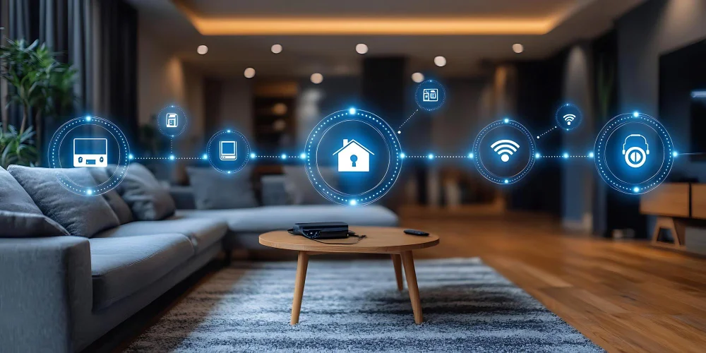 Wnętrze mieszkania z ikonami symbolizującymi system smart home